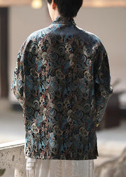 Jacquard Black Stand Collar Chinese Button Silk Shirts Fall