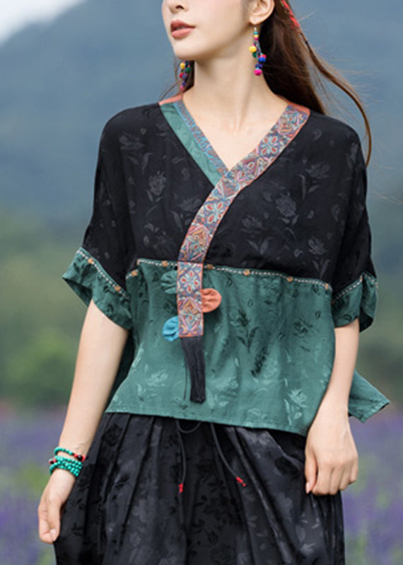 Jacquard Black Stand Collar Embroideried Floral Patchwork Satin Top Half Sleeve