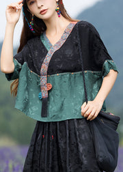 Jacquard Black Stand Collar Embroideried Floral Patchwork Satin Top Half Sleeve