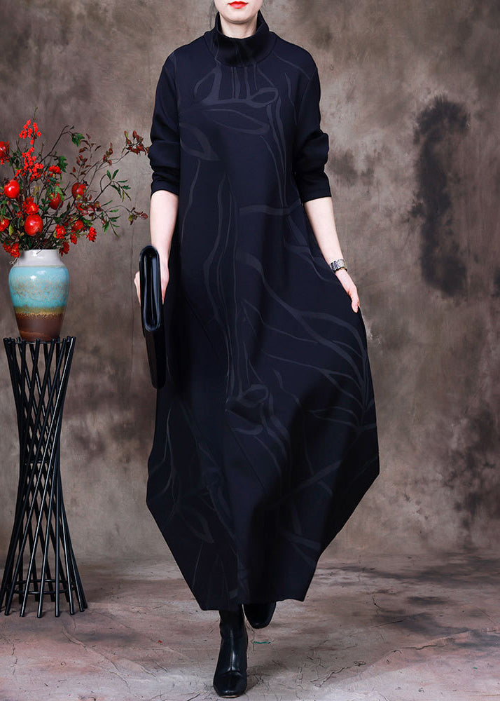 Jacquard Black Turtleneck Asymmetrical Maxi Dresses Long Sleeve