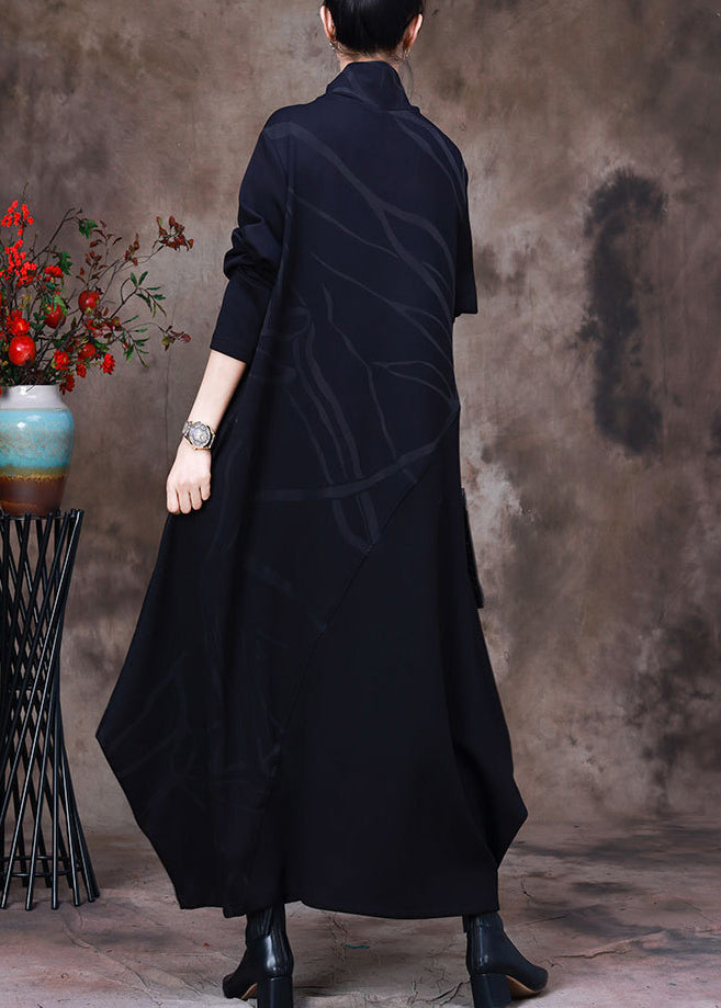 Jacquard Black Turtleneck Asymmetrical Maxi Dresses Long Sleeve