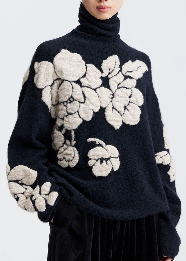 Jacquard Black Turtleneck Floral Wool Knit Sweaters Winter