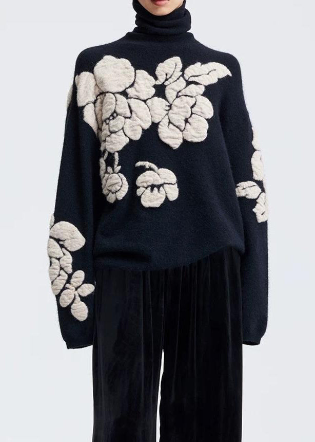 Jacquard Black Turtleneck Floral Wool Knit Sweaters Winter