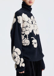 Jacquard Black Turtleneck Floral Wool Knit Sweaters Winter