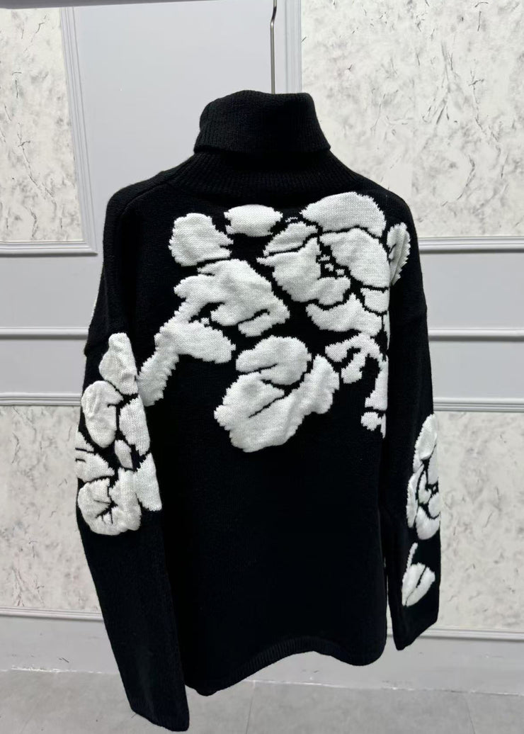 Jacquard Black Turtleneck Floral Wool Knit Sweaters Winter