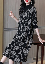 Jacquard Black Turtleneck Patchwork Cotton Knit Long Dress Long Sleeve