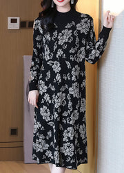 Jacquard Black Turtleneck Patchwork Cotton Knit Long Dress Long Sleeve