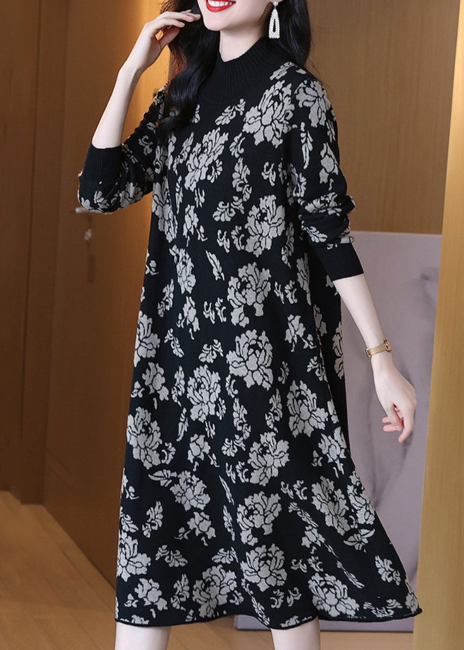 Jacquard Black Turtleneck Patchwork Cotton Knit Long Dress Long Sleeve