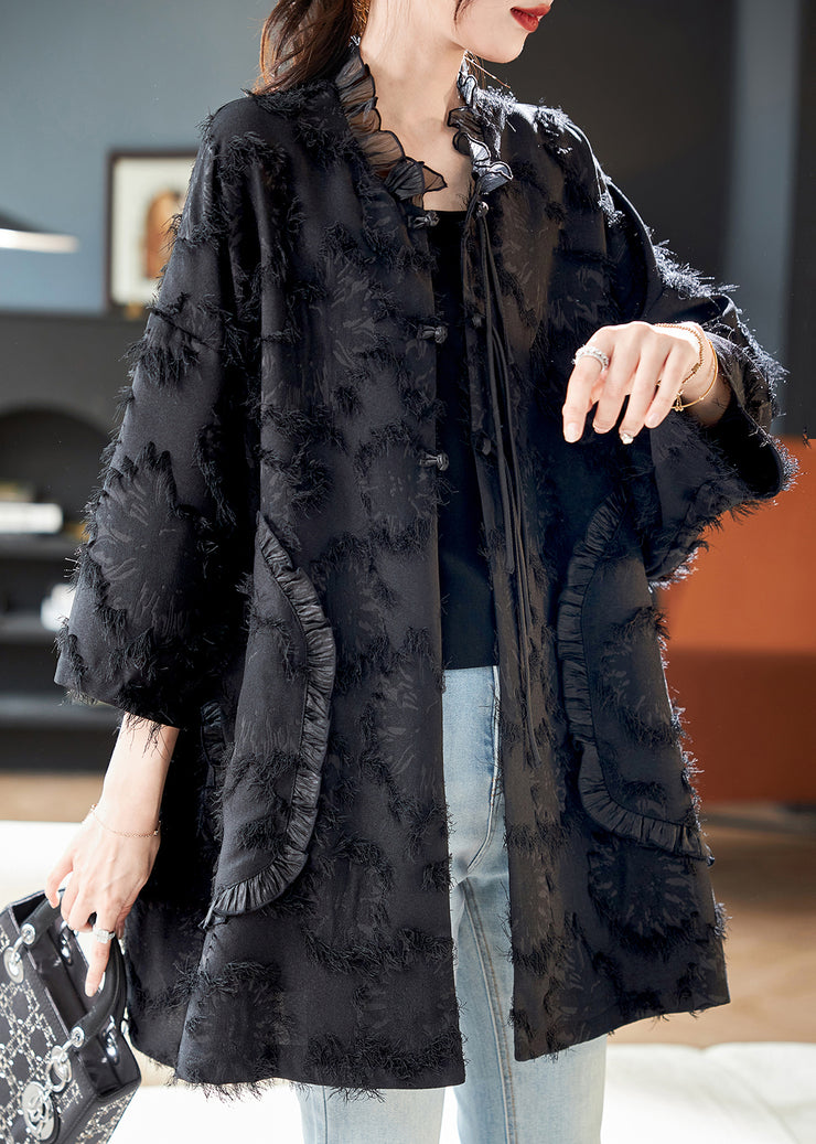 Jacquard Black V Neck Tulle Patchwork Coats Batwing Sleeve