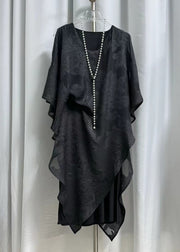 Jacquard Black Wrinkled Chiffon Long Dress Batwing Sleeve