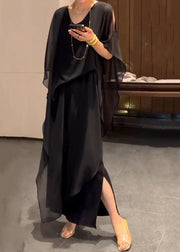 Jacquard Black Wrinkled Chiffon Long Dress Batwing Sleeve