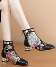 Jacquard Black Zippered Zircon Cowhide Leather Chunky Boots