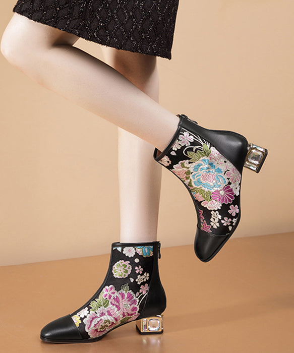 Jacquard Black Zippered Zircon Cowhide Leather Chunky Boots