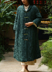 Jacquard Blackish Green Button Pockets Warm Fleece Long Coat Winter