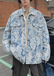 Jacquard Blue Button Pockets Warm Fleece Mens Men Parka Winter