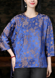 Jacquard Blue O-Neck Button Tie Waist Silk Shirts Half Sleeve