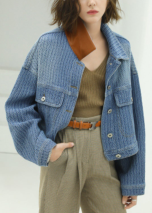 Jacquard Blue Peter Pan Collar Button Pockets Denim Coat Long Sleeve