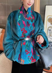 Jacquard Blue Silk Patchwork Mink Hair Coats Long Sleeve