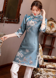 Jacquard Blue Stand Collar Side Open Button Satin Cheongsam Mid Dress Long Sleeve