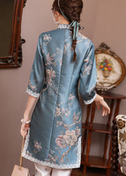 Jacquard Blue Stand Collar Side Open Button Satin Cheongsam Mid Dress Long Sleeve