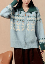 Jacquard Blue Zip Up Patchwork Knit Coats Winter