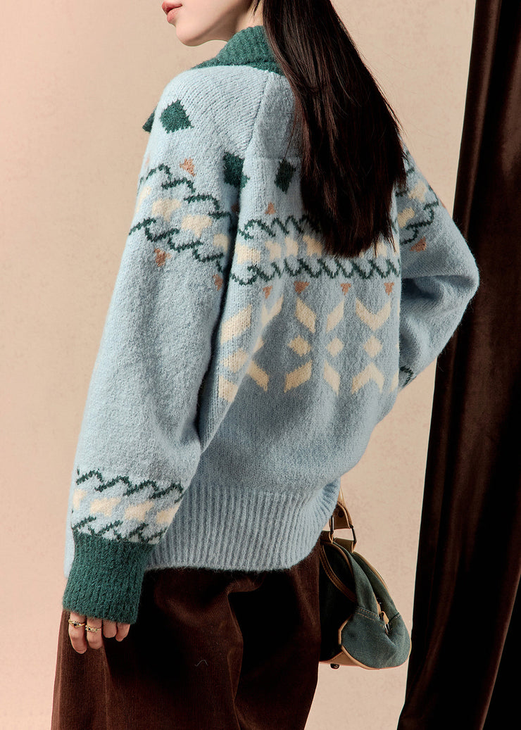 Jacquard Blue Zip Up Patchwork Knit Coats Winter