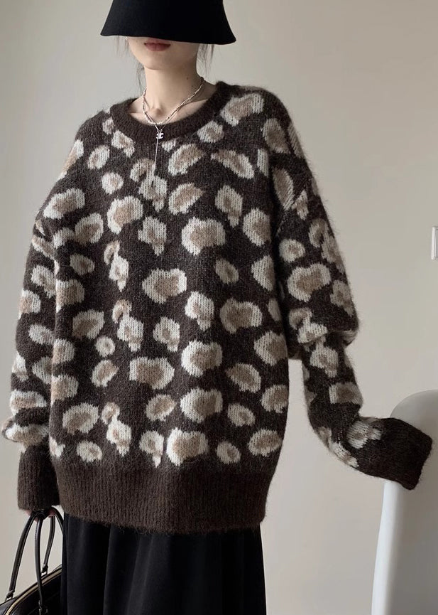 Jacquard Coffee O Neck Cozy Knit Sweaters Spring