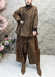 Jacquard Coffee Patchwork Coats And Lantern Pants Cotton Filled Two Pieces Set Spring