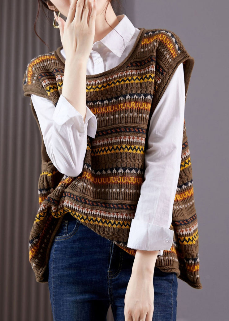 Jacquard Coffee Striped Patchwork Knit Sweater Sleeveless