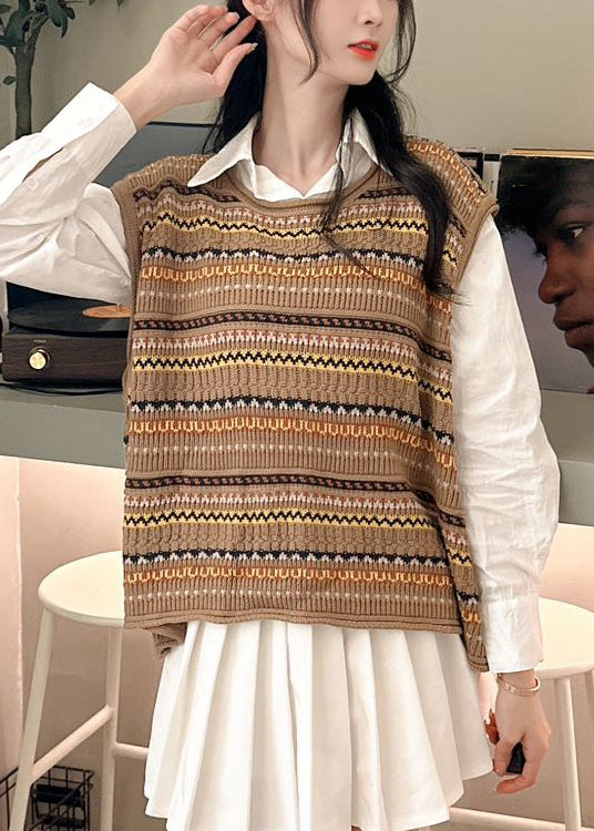 Jacquard Coffee Striped Patchwork Knit Sweater Sleeveless