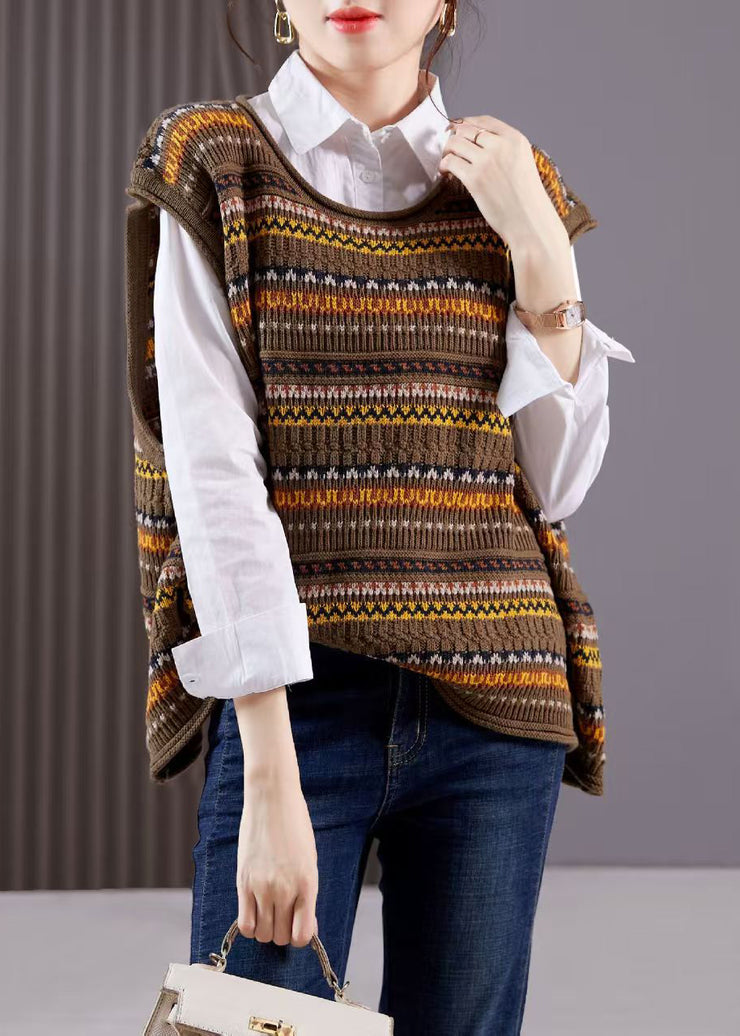 Jacquard Coffee Striped Patchwork Knit Sweater Sleeveless