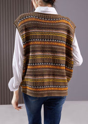 Jacquard Coffee Striped Patchwork Knit Sweater Sleeveless