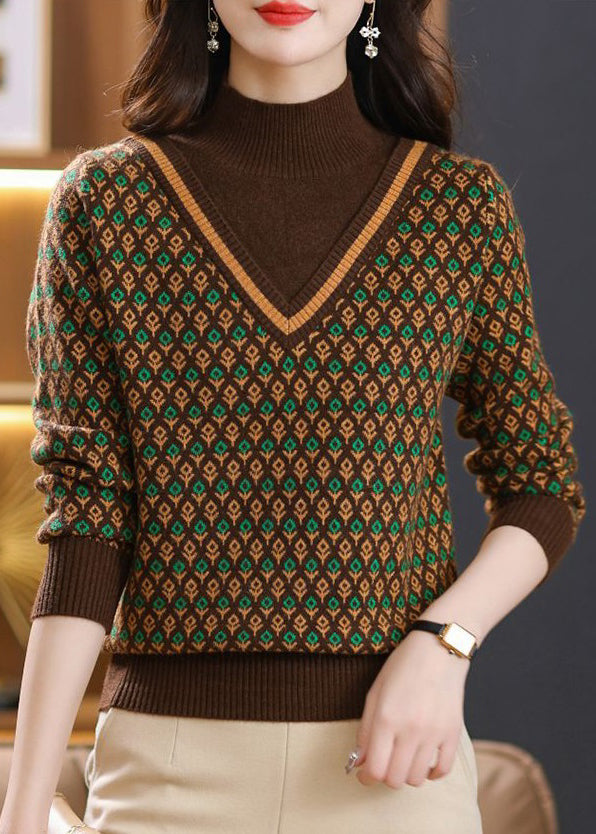 Jacquard Coffee Turtleneck False Two Pieces Cotton Knit Sweaters Spring