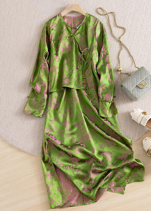 Jacquard Green Button Patchwork False Two Pieces Silk Dresses Fall