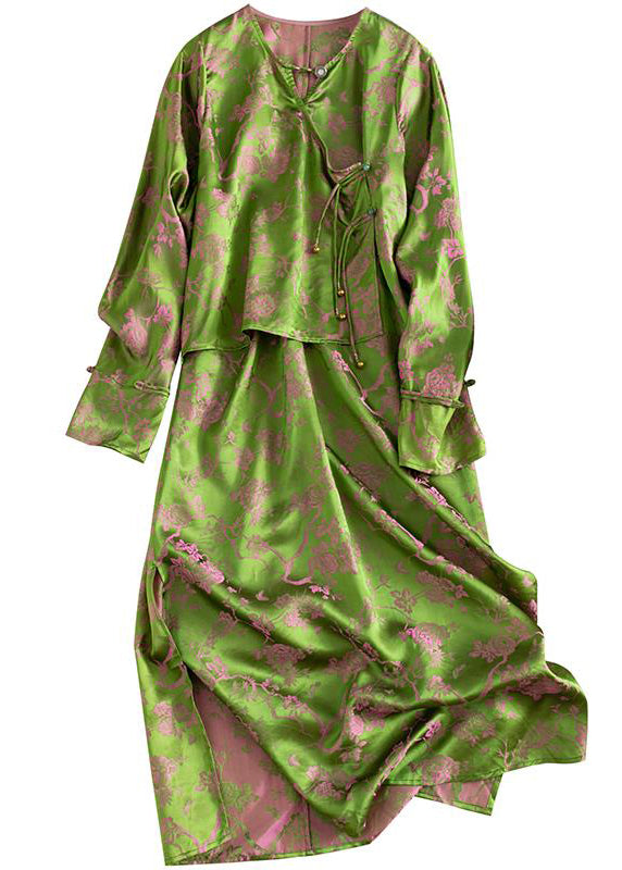 Jacquard Green Button Patchwork False Two Pieces Silk Dresses Fall