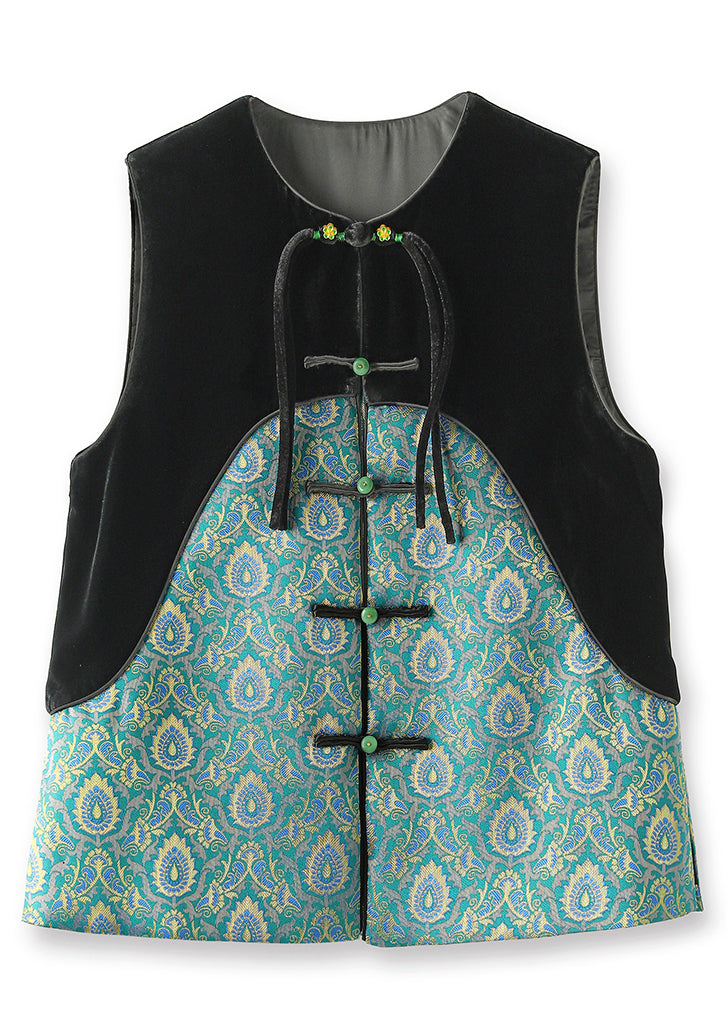 Jacquard Green O Neck Button Patchwork Silk Velour Waistcoat Sleeveless