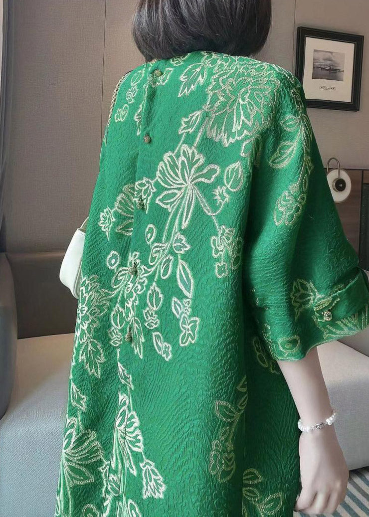 Jacquard Green O-Neck Print Pockets Silk Dress Half Sleeve