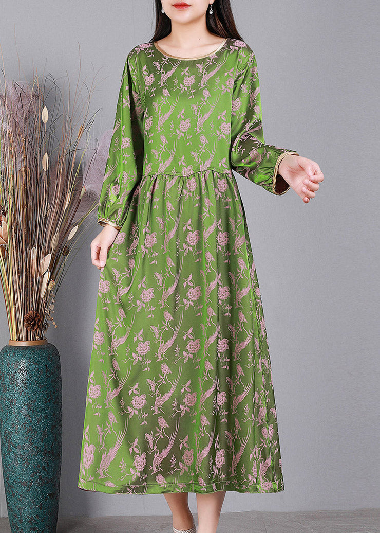 Jacquard Green O-Neck Silk Dress Long Sleeve