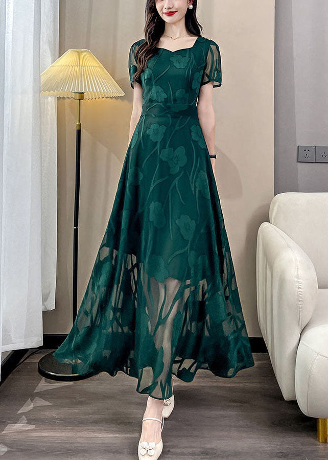 Jacquard Green Square Collar Draping Chiffon Maxi Dresses Summer