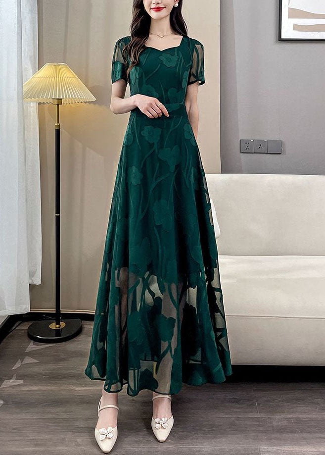 Jacquard Green Square Collar Draping Chiffon Maxi Dresses Summer