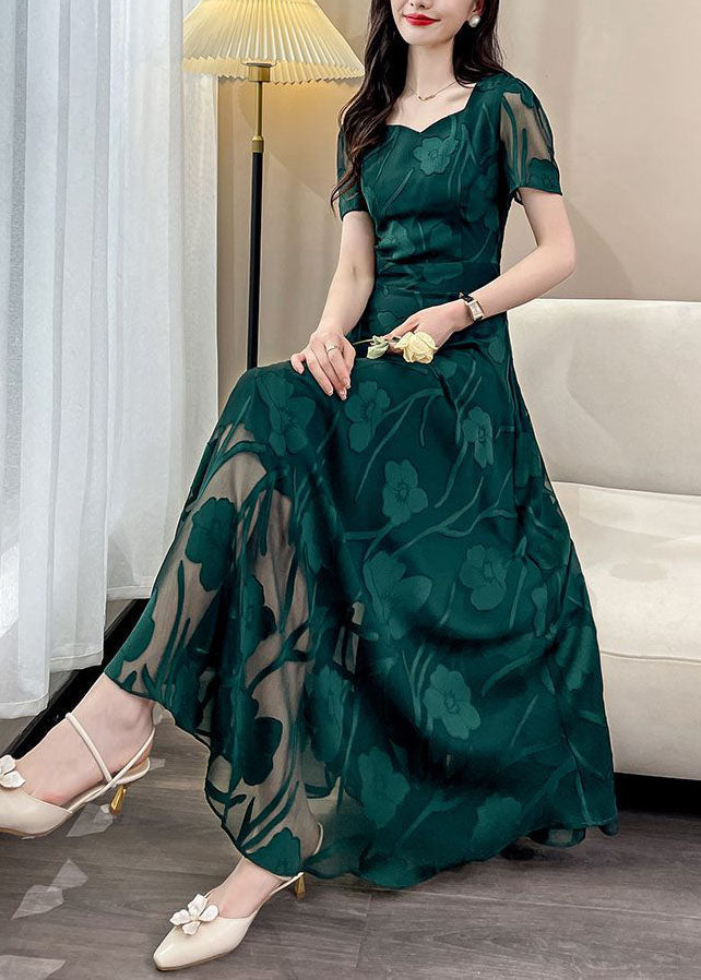 Jacquard Green Square Collar Draping Chiffon Maxi Dresses Summer