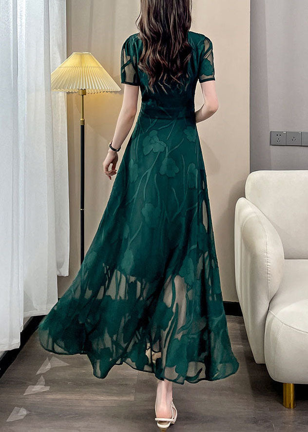 Jacquard Green Square Collar Draping Chiffon Maxi Dresses Summer