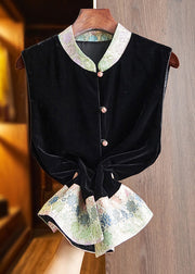 Jacquard Green Stand Collar Button Silk Velour Shirt Waistcoat Sleeveless