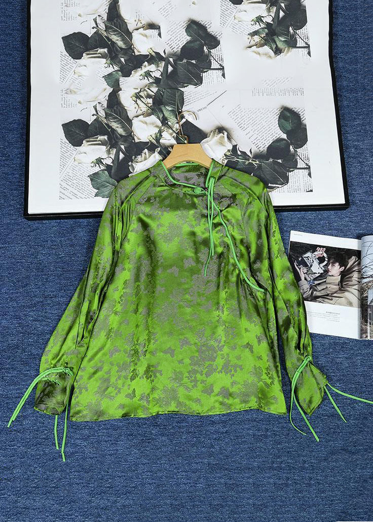 Jacquard Green Tasseled Button Patchwork Silk Shirts Fall