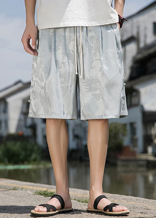 Jacquard Grey Button Side Open Elastic Waist Ice Silk Men Shorts Summer