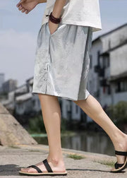Jacquard Grey Button Side Open Elastic Waist Ice Silk Men Shorts Summer