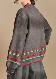 Jacquard Grey Button Tie Waist Knit Coat Winter