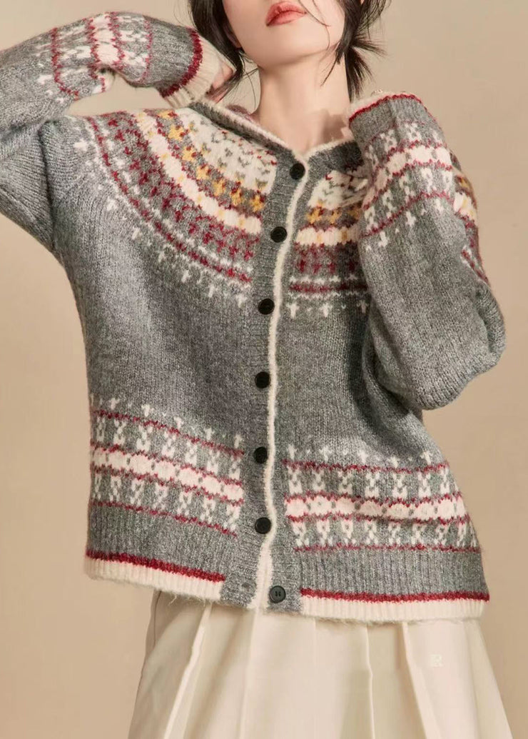 Jacquard Grey Hooded Button Knit Cardigans Winter