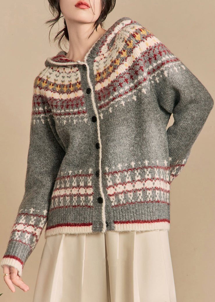 Jacquard Grey Hooded Button Knit Cardigans Winter