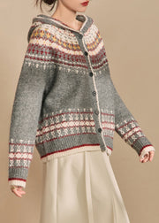 Jacquard Grey Hooded Button Knit Cardigans Winter